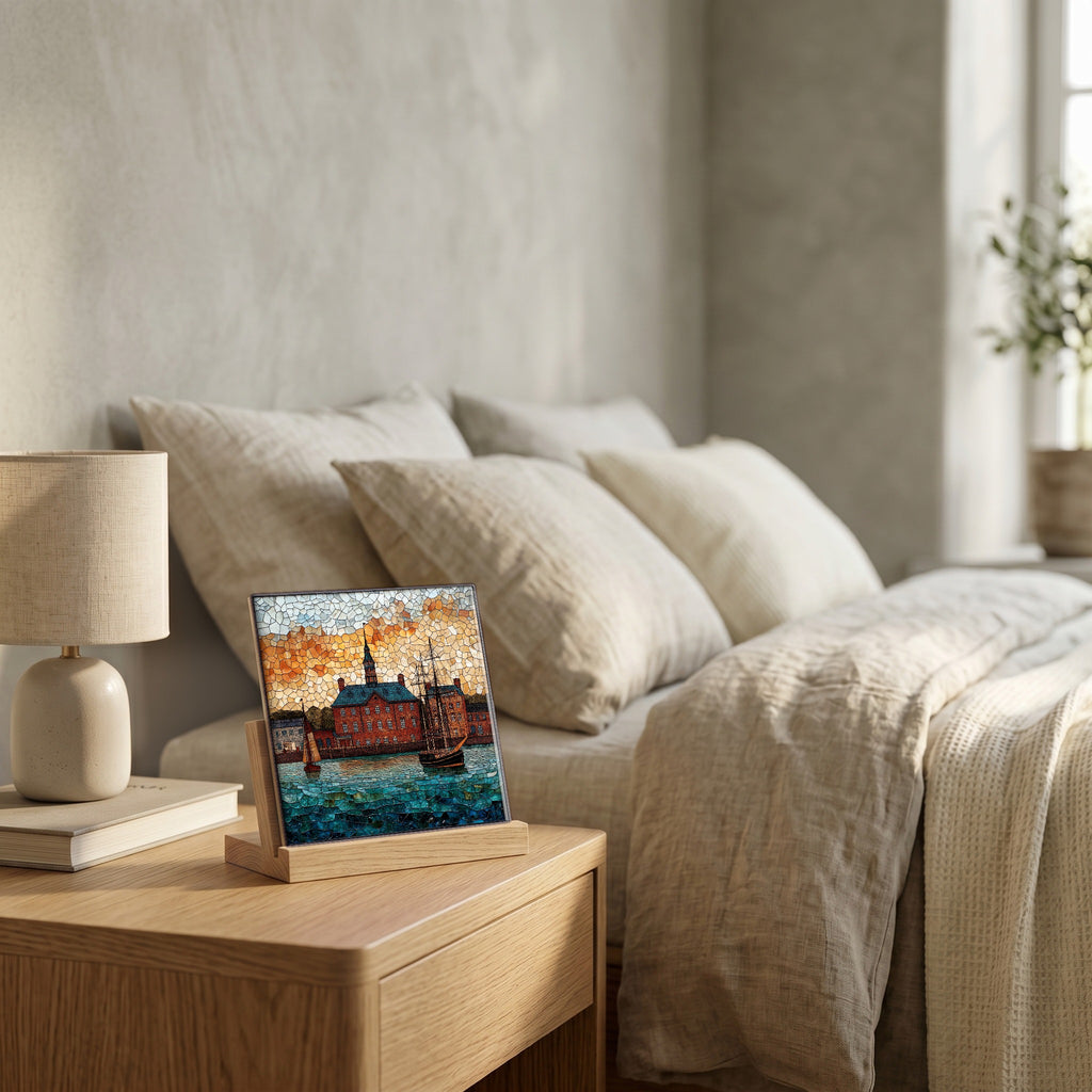 On the nightstand, catching the morning.