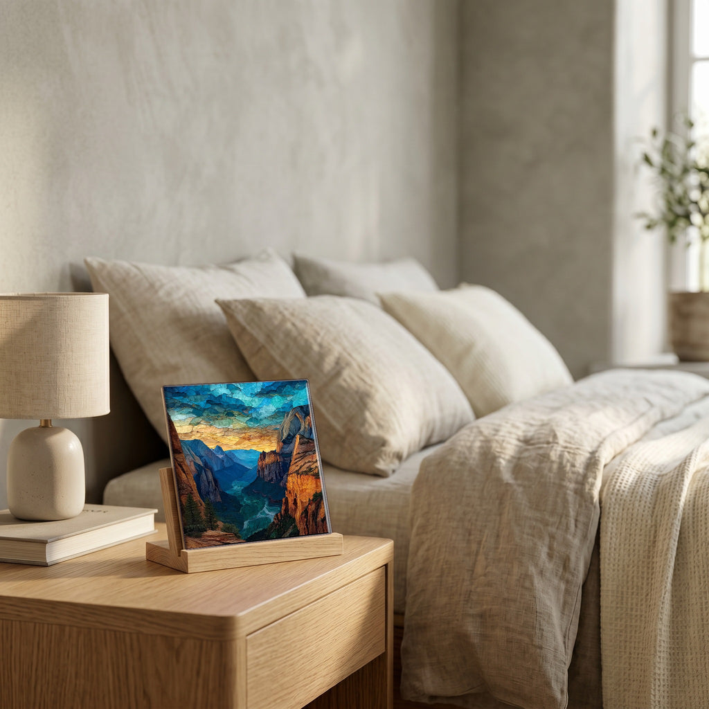 On the nightstand, catching the morning.