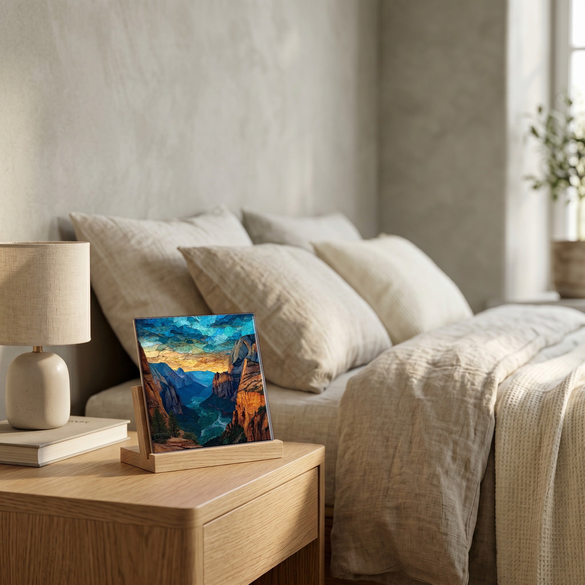 On the nightstand, catching the morning.