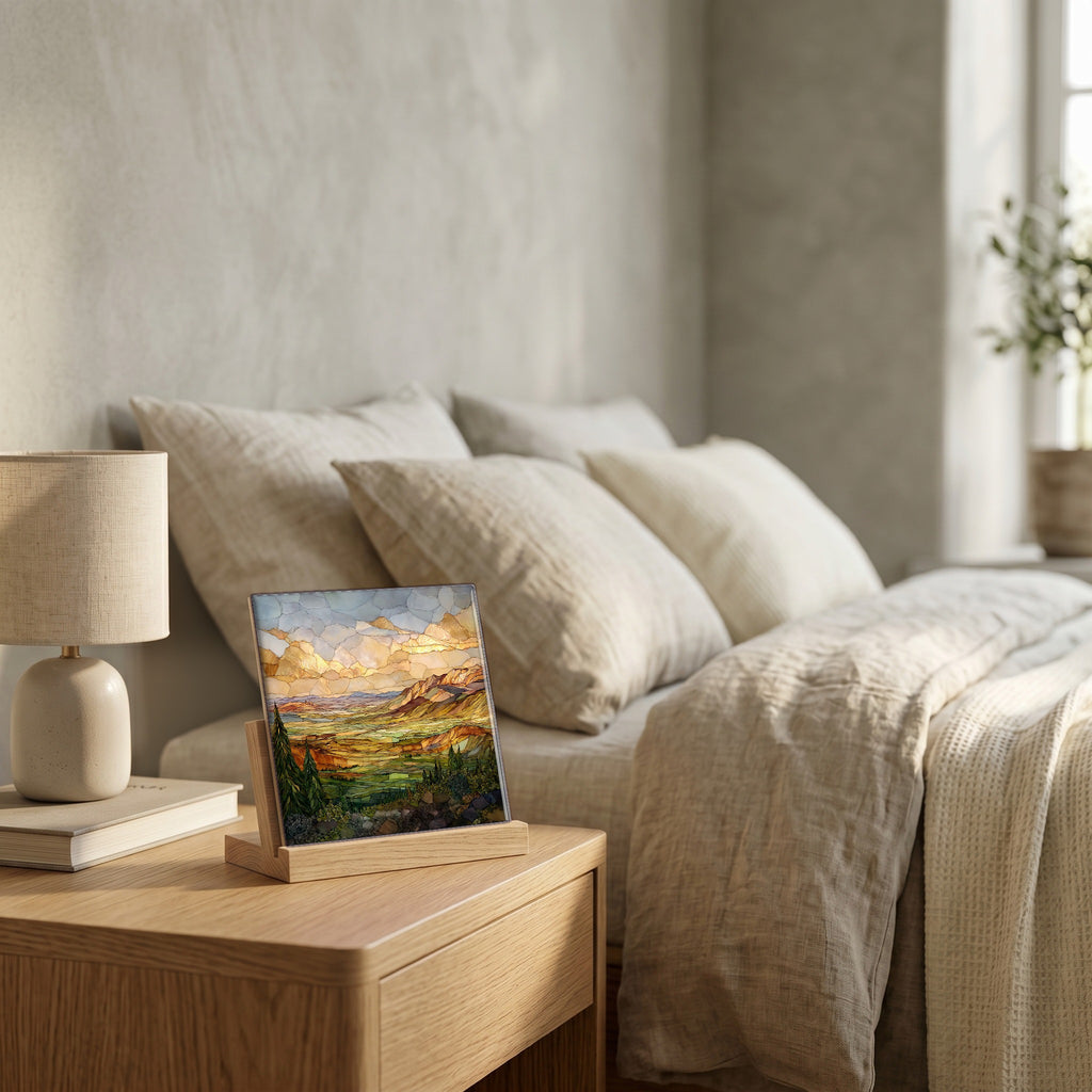 On the nightstand, catching the morning.