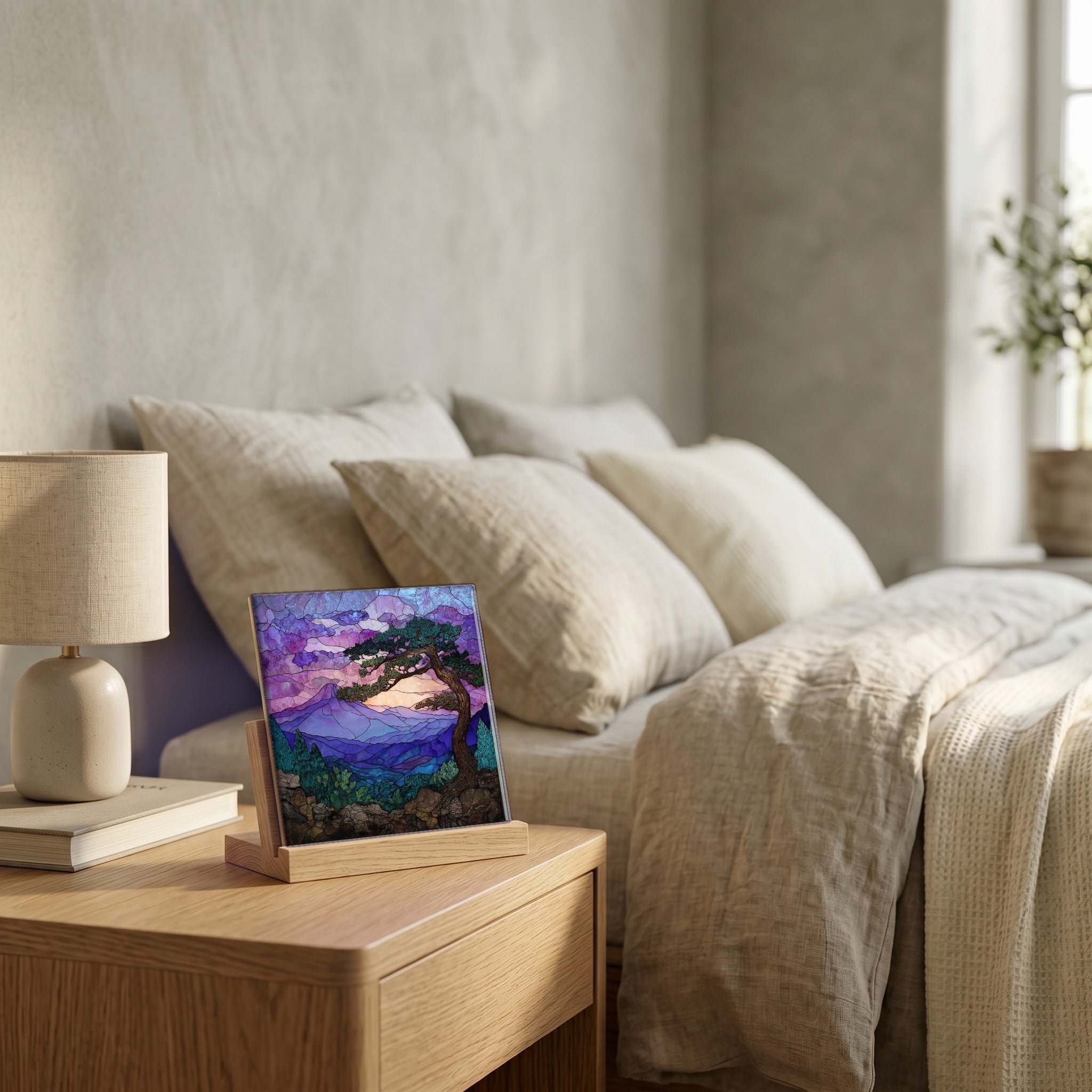 On the nightstand, catching the morning.