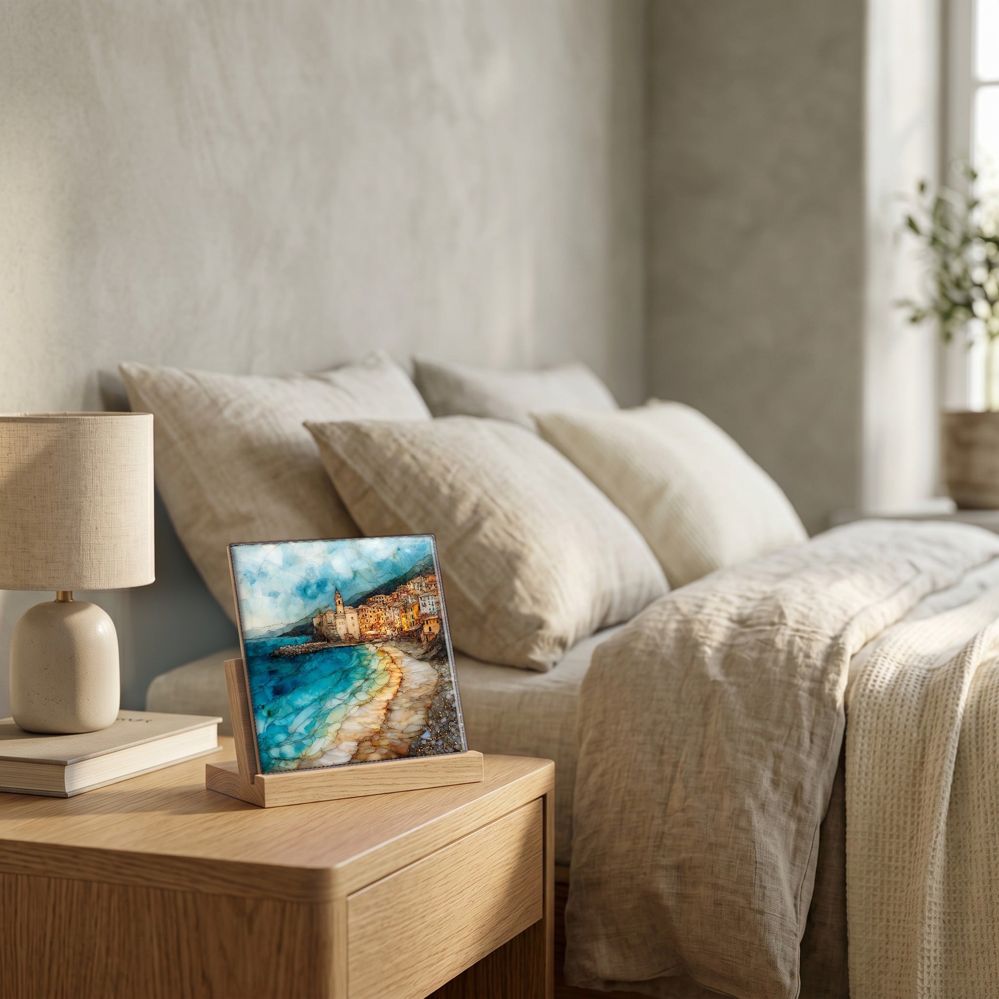 On the nightstand, on a light oak stand.