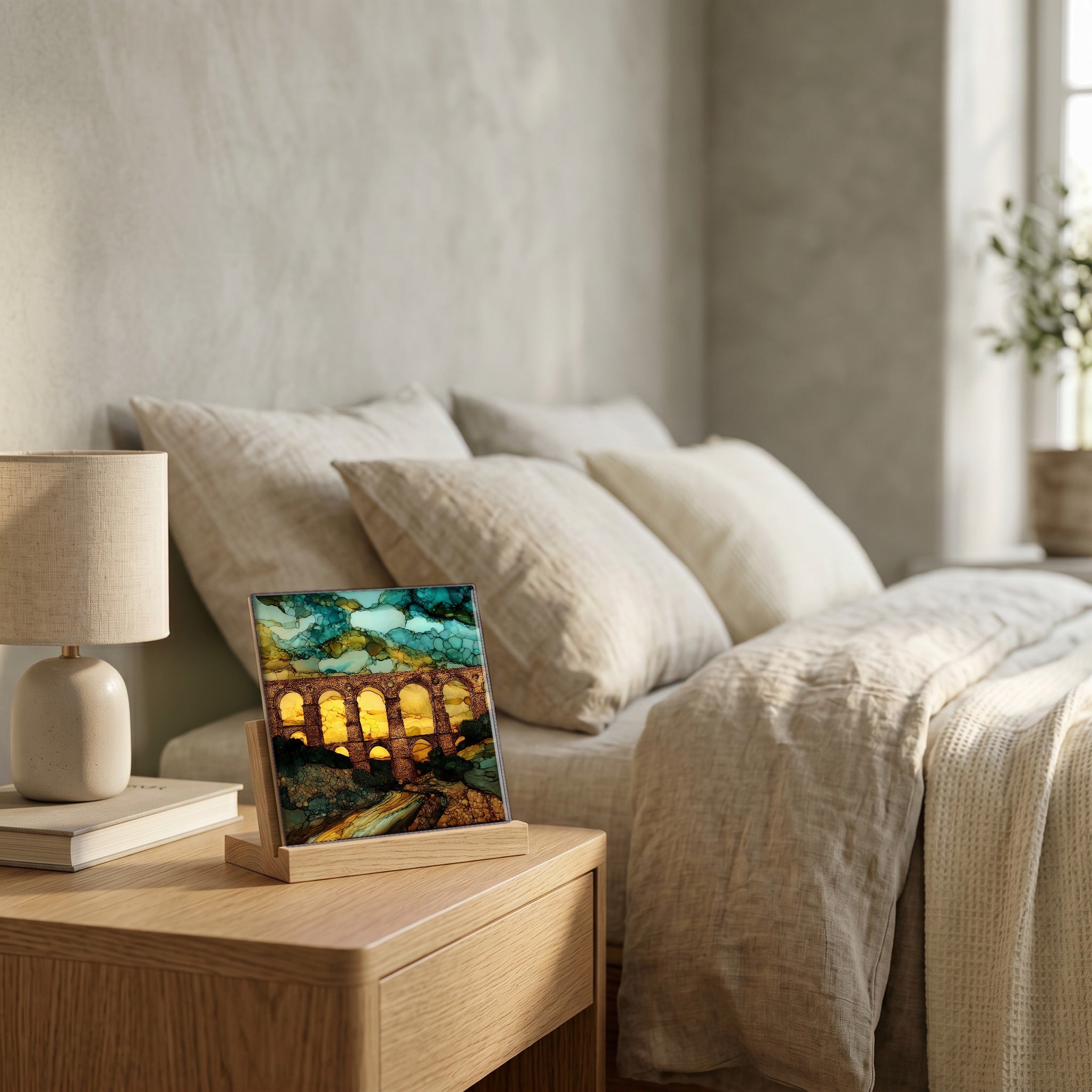 On the nightstand, on a light oak stand.