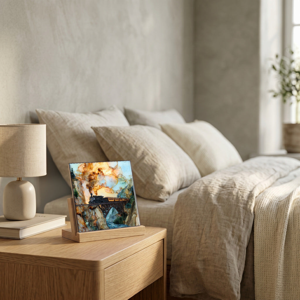On the nightstand, on a light oak stand.
