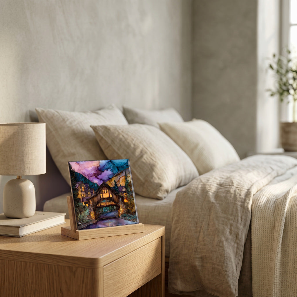 On the nightstand, on a light oak stand.
