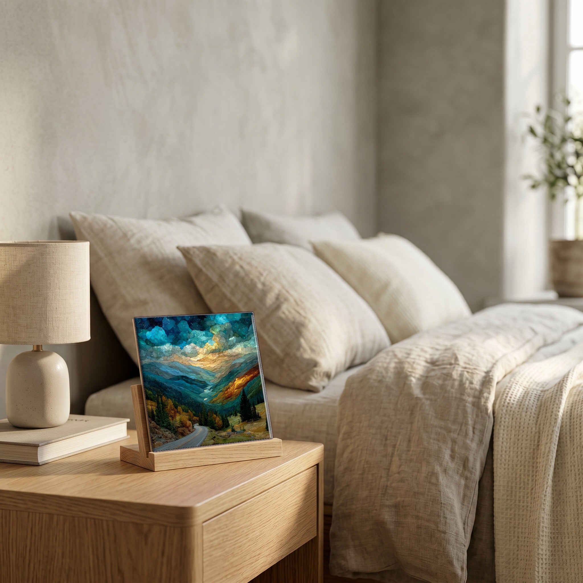 On the nightstand, catching the morning.