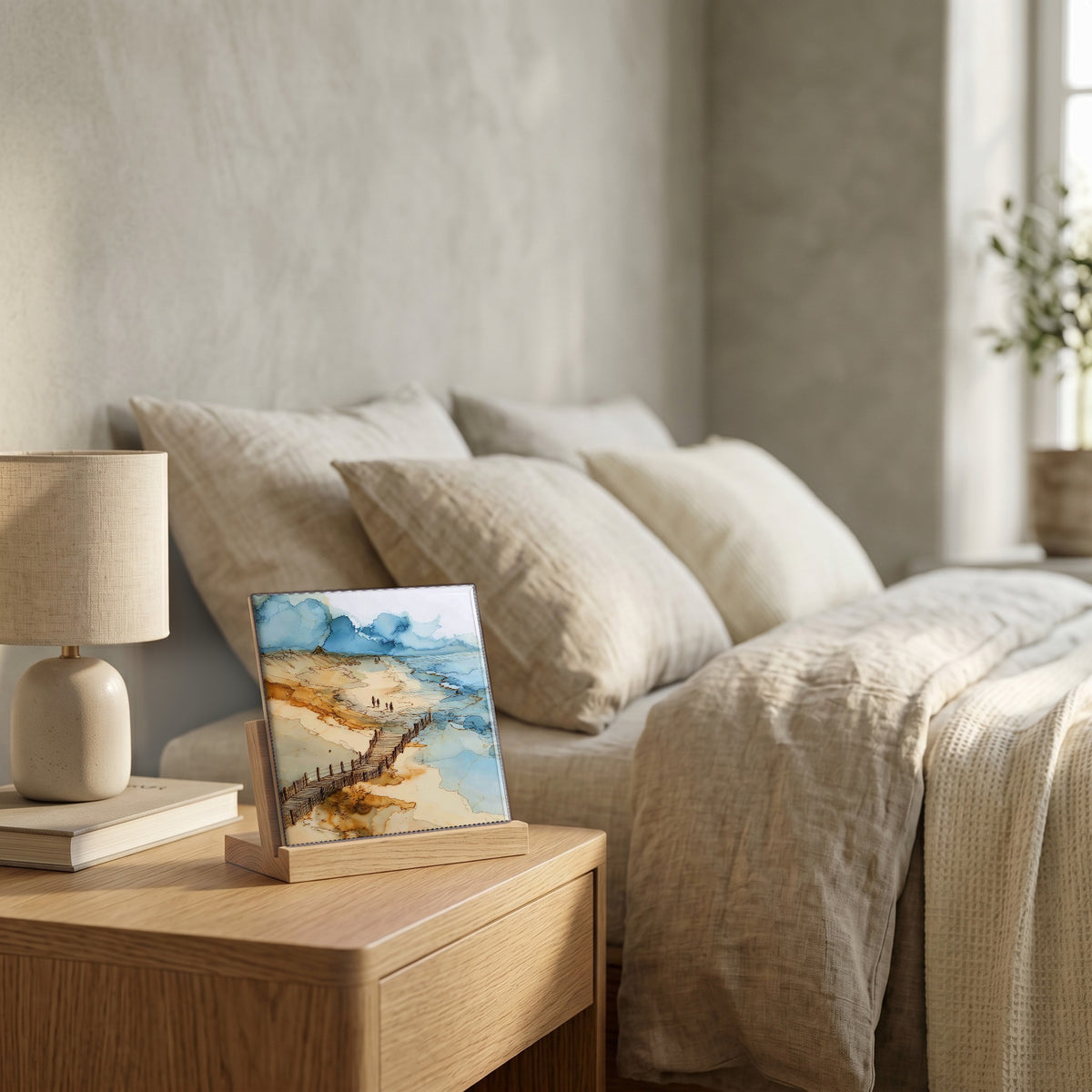On the nightstand, catching the morning.