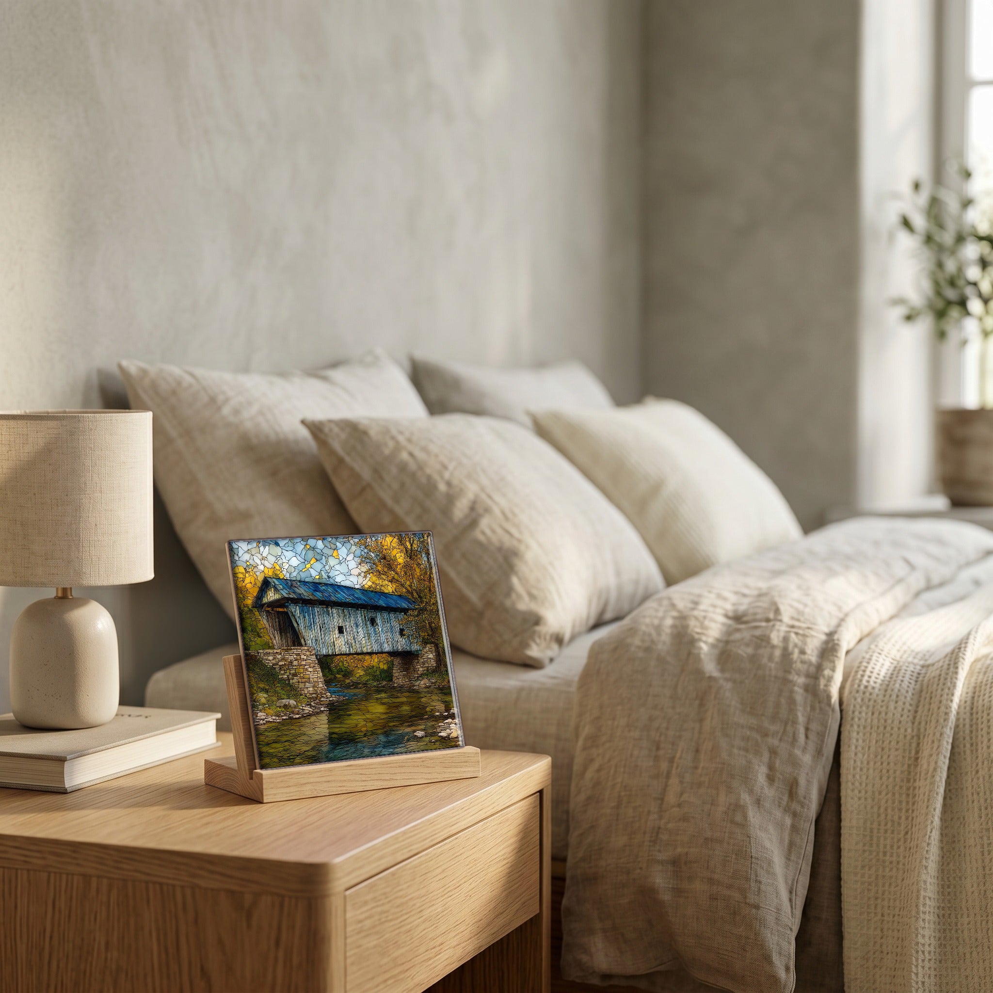 On the nightstand, catching the morning.