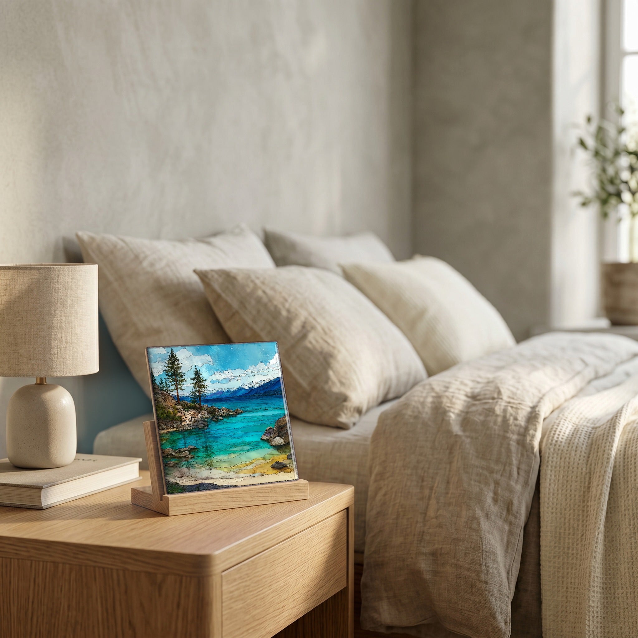 On the nightstand, catching the morning.