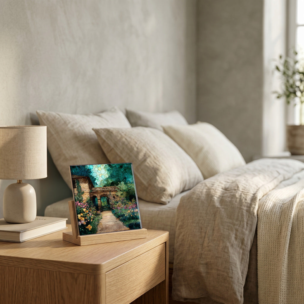 On the nightstand, catching the morning.