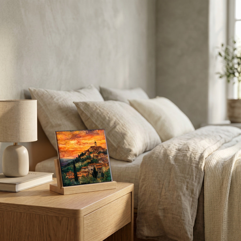 On the nightstand, on a light oak stand.