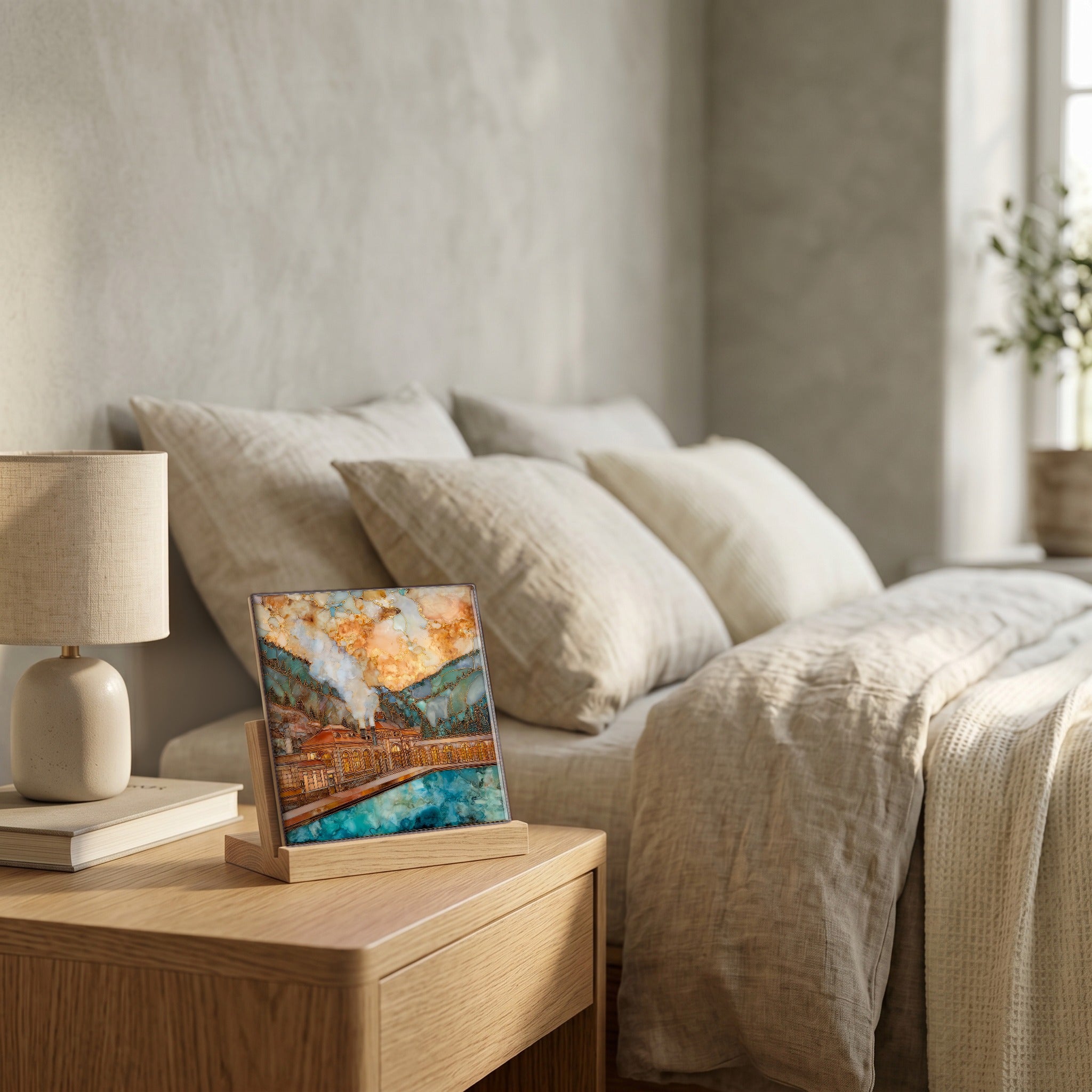 On the nightstand, on a light oak stand.