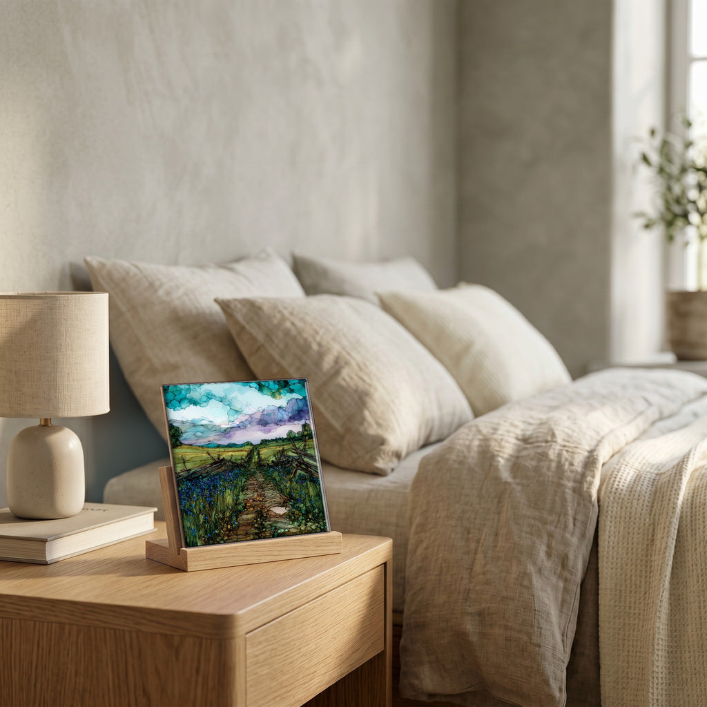 On the nightstand, catching the morning.
