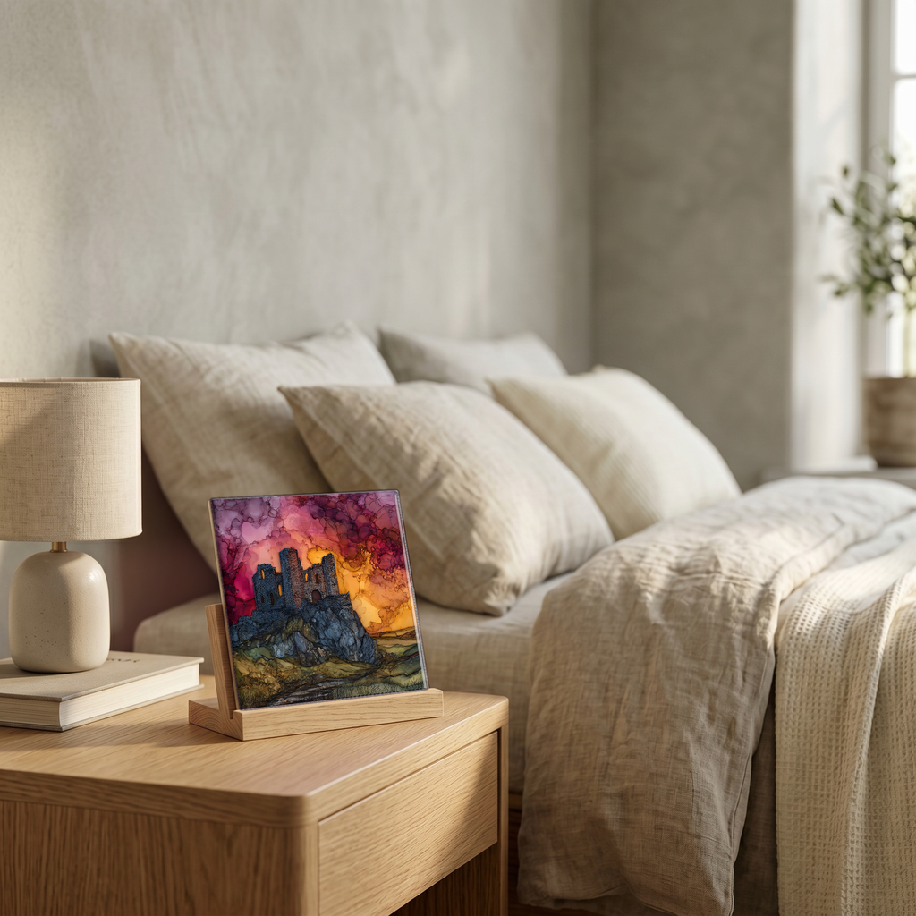 On the nightstand, on a light oak stand.