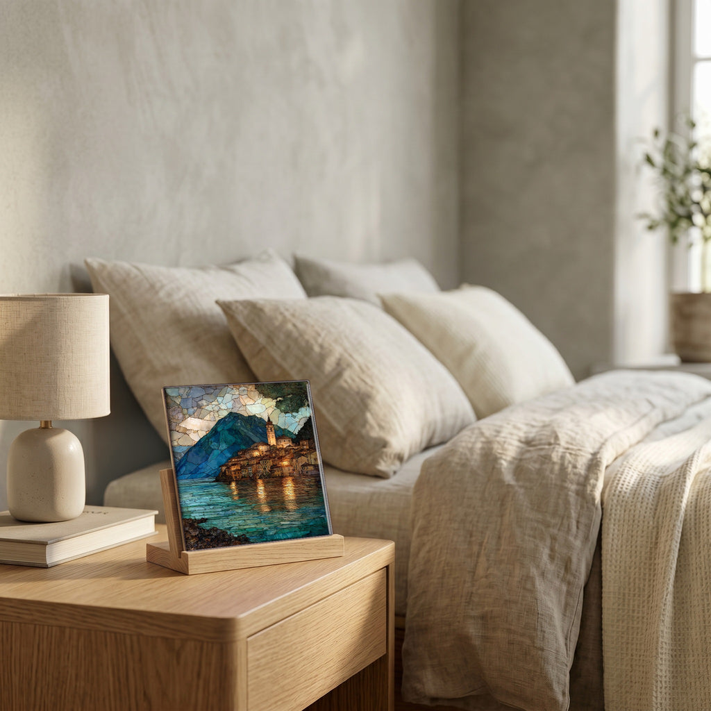 On the nightstand, on a light oak stand.
