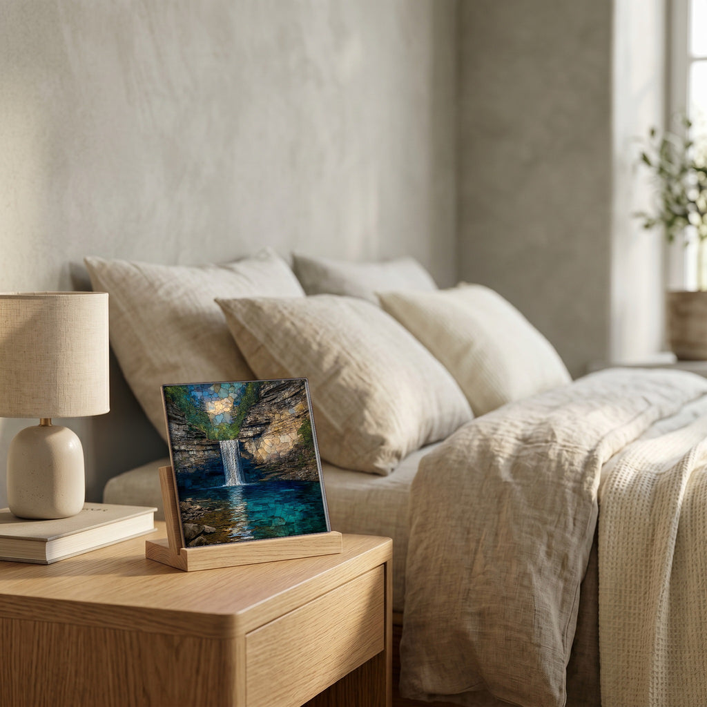 On the nightstand, catching the morning.