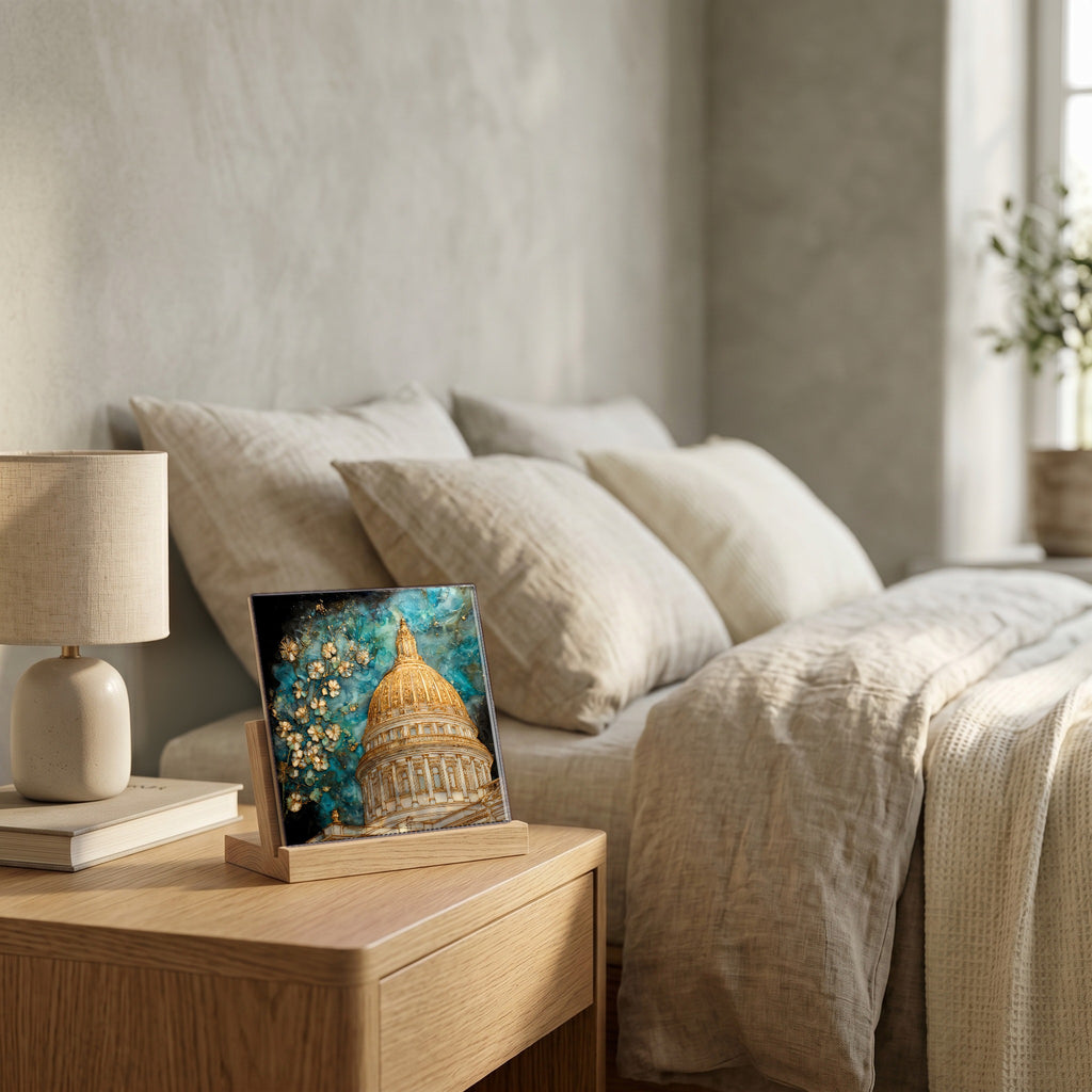 On the nightstand, catching the morning.
