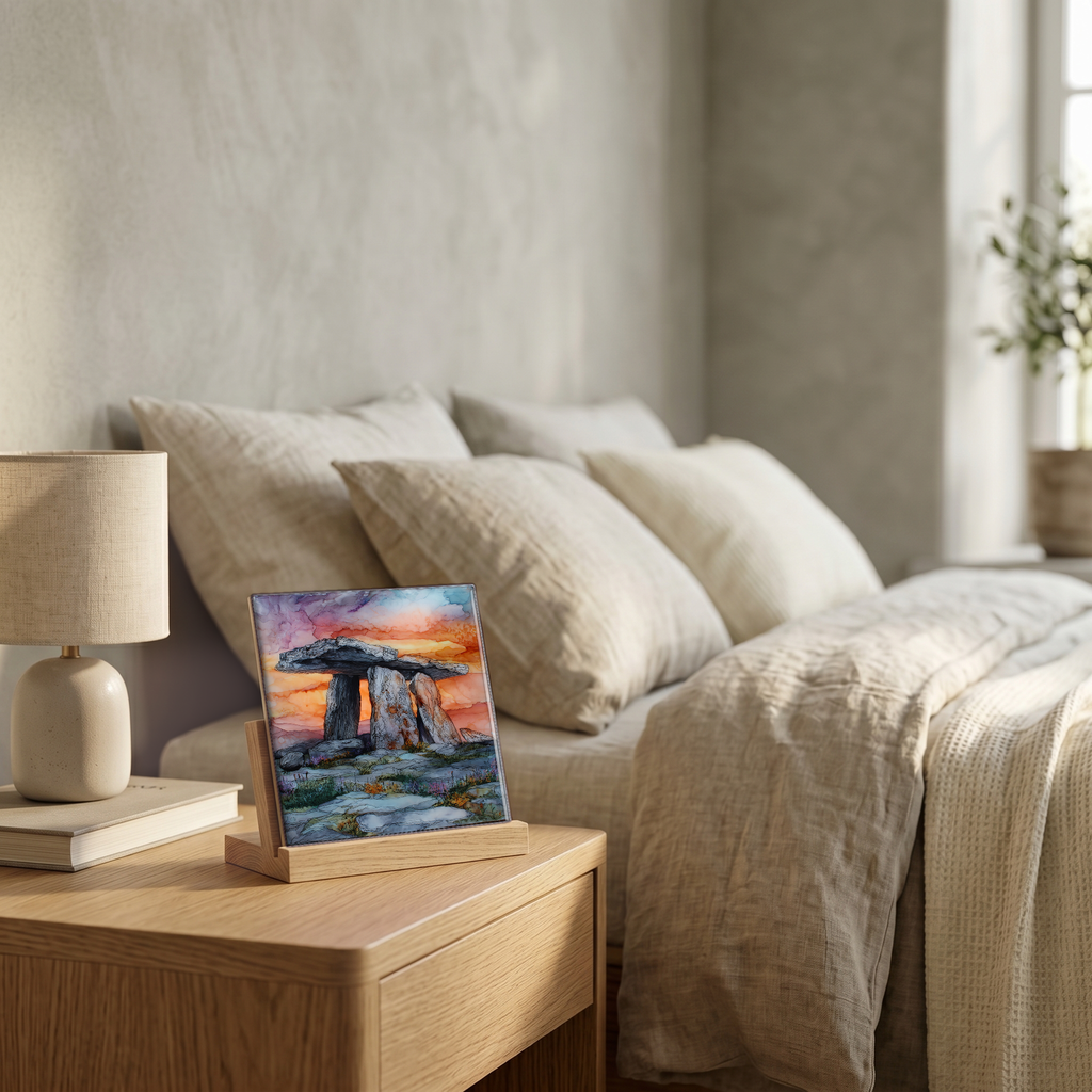 On the nightstand, on a light oak stand.