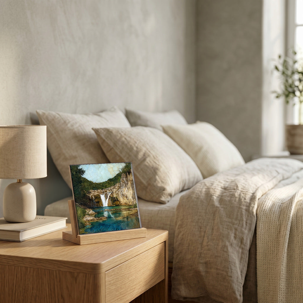 On the nightstand, catching the morning.