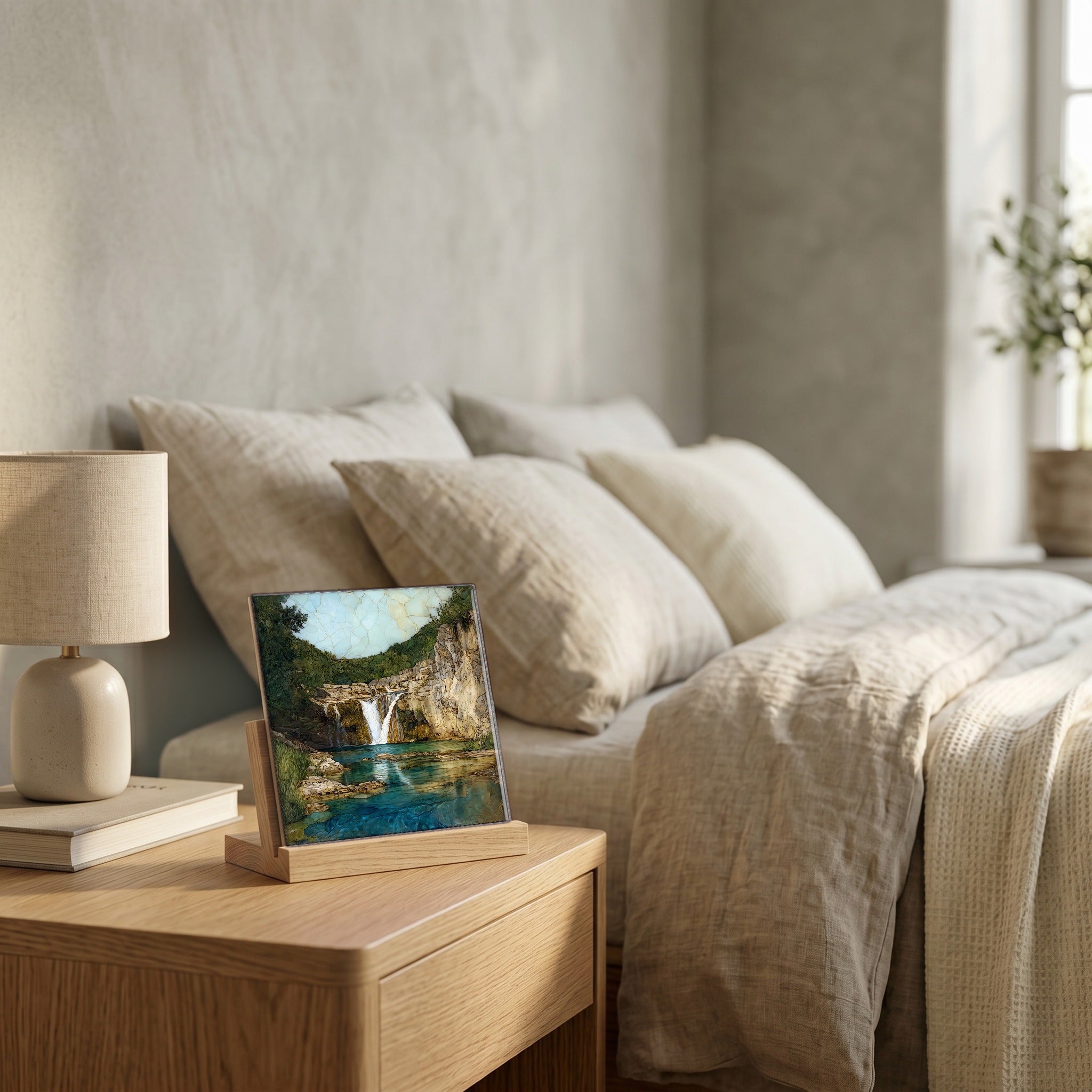 On the nightstand, catching the morning.