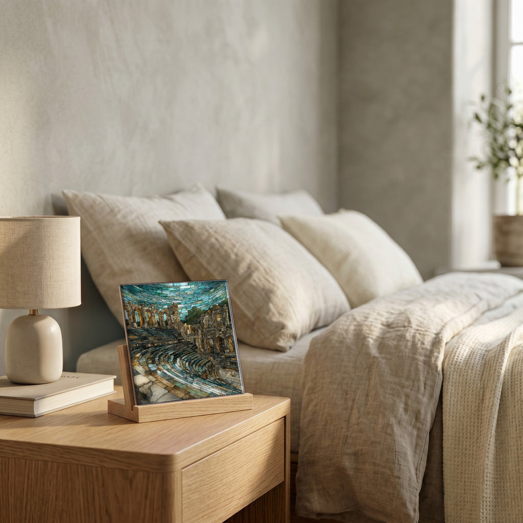 On the nightstand, catching the morning.