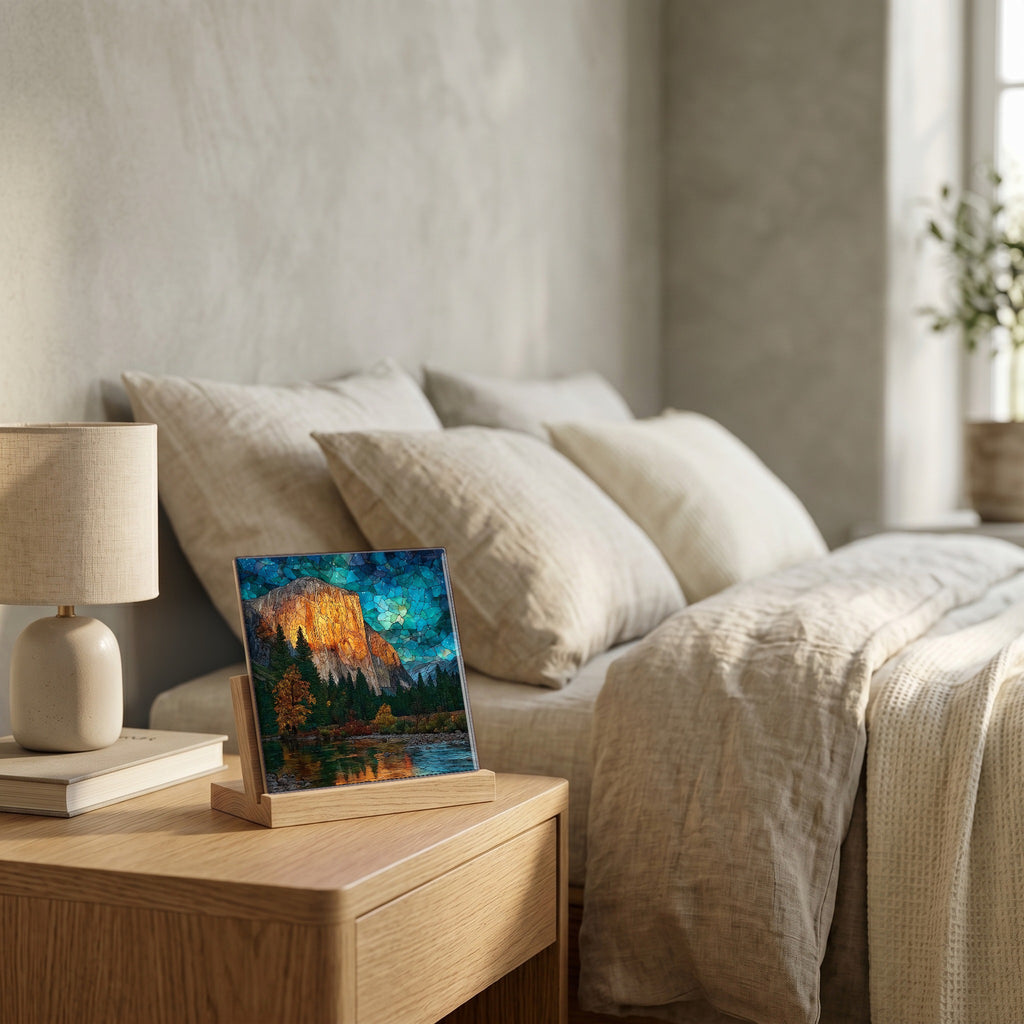 On the nightstand, catching the morning.