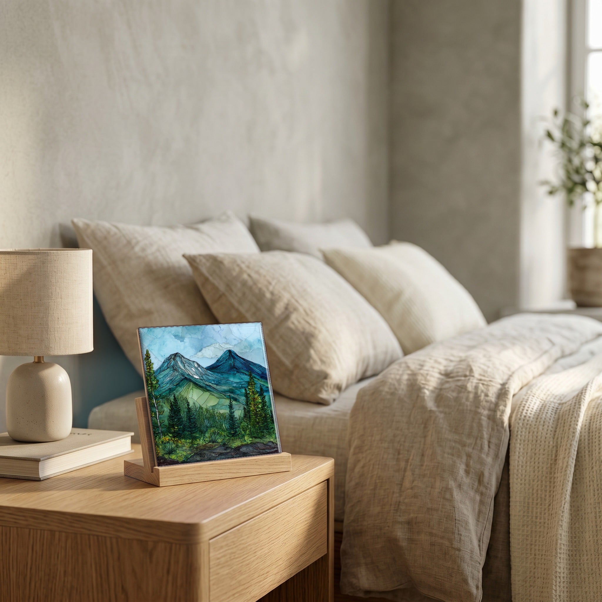 On the nightstand, catching the morning.