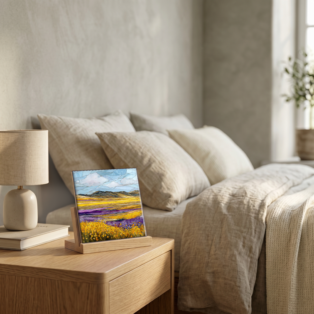 On the nightstand, on a light oak stand.