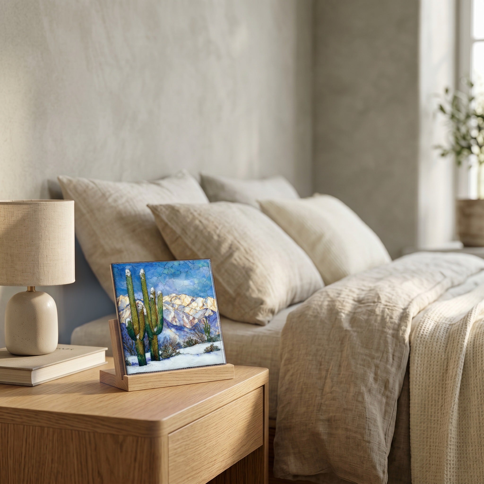 On the nightstand, catching the morning.