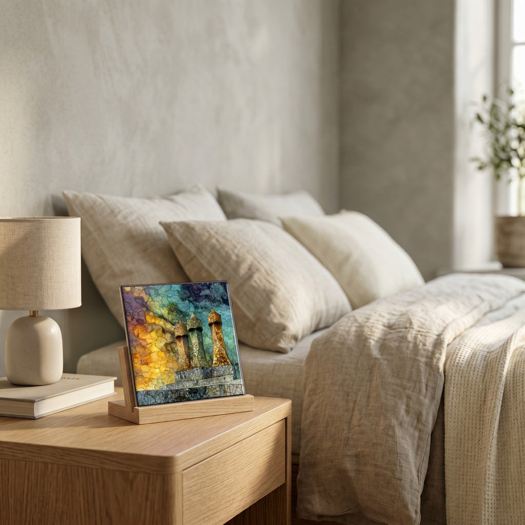 On the nightstand, catching the morning.