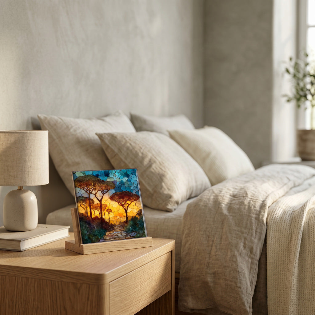 On the nightstand, on a light oak stand.