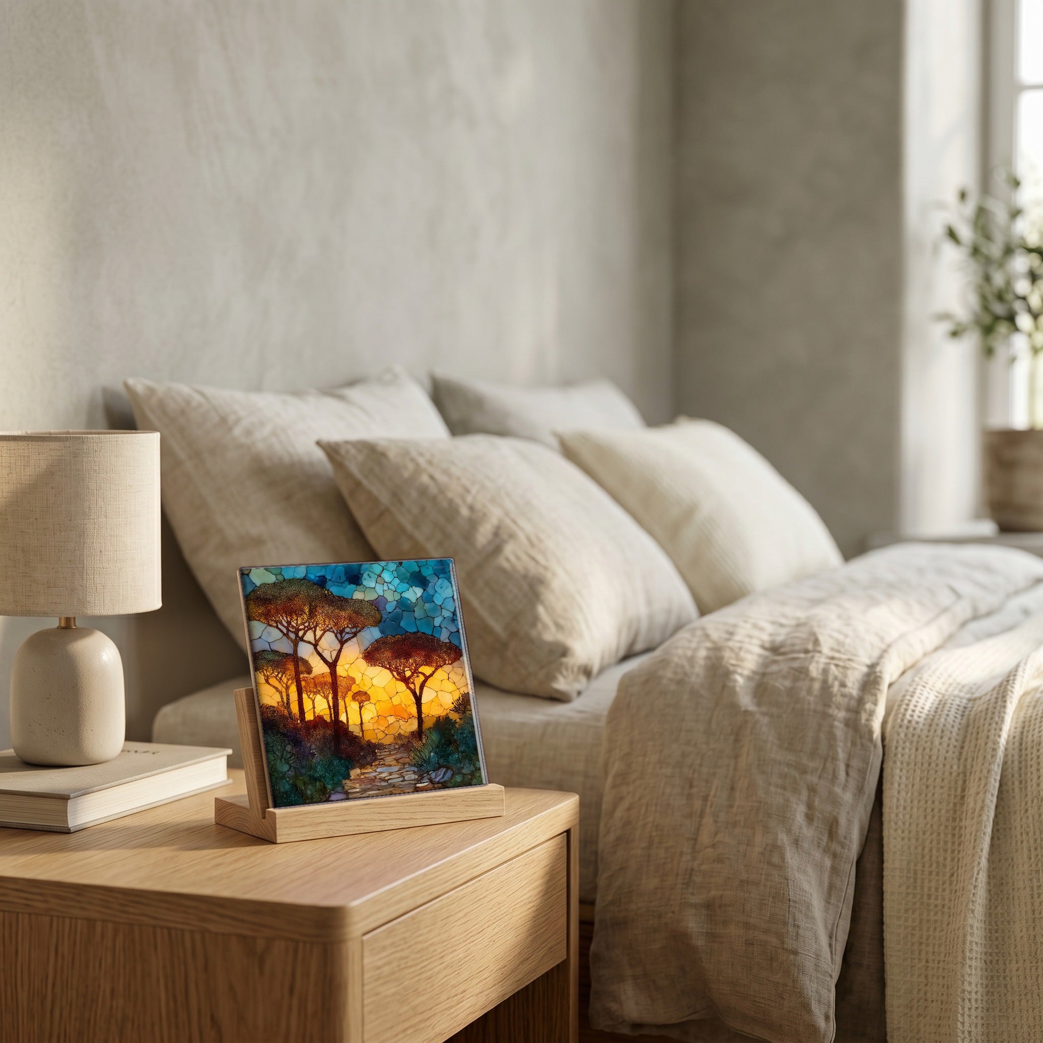 On the nightstand, on a light oak stand.