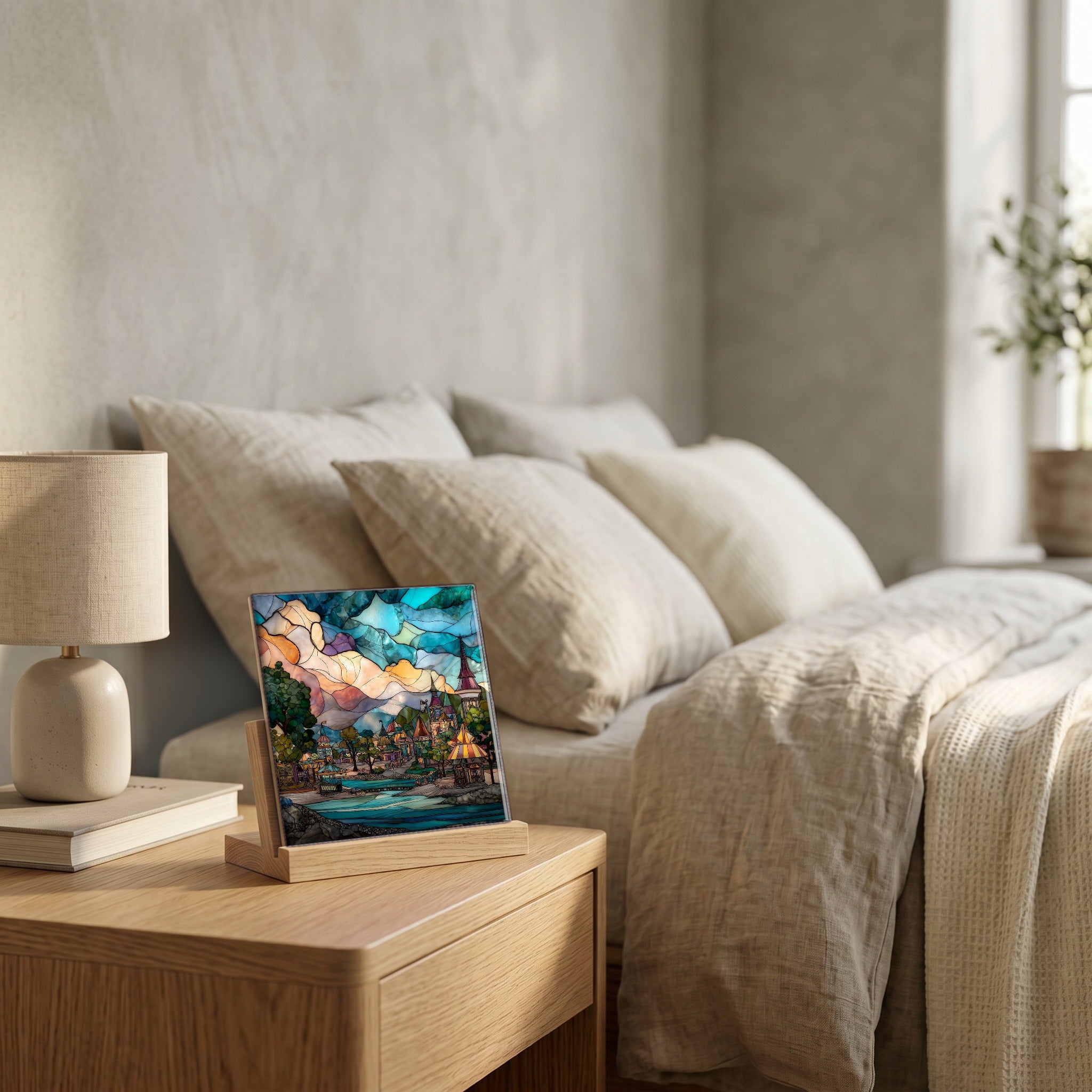 On the nightstand, catching the morning.