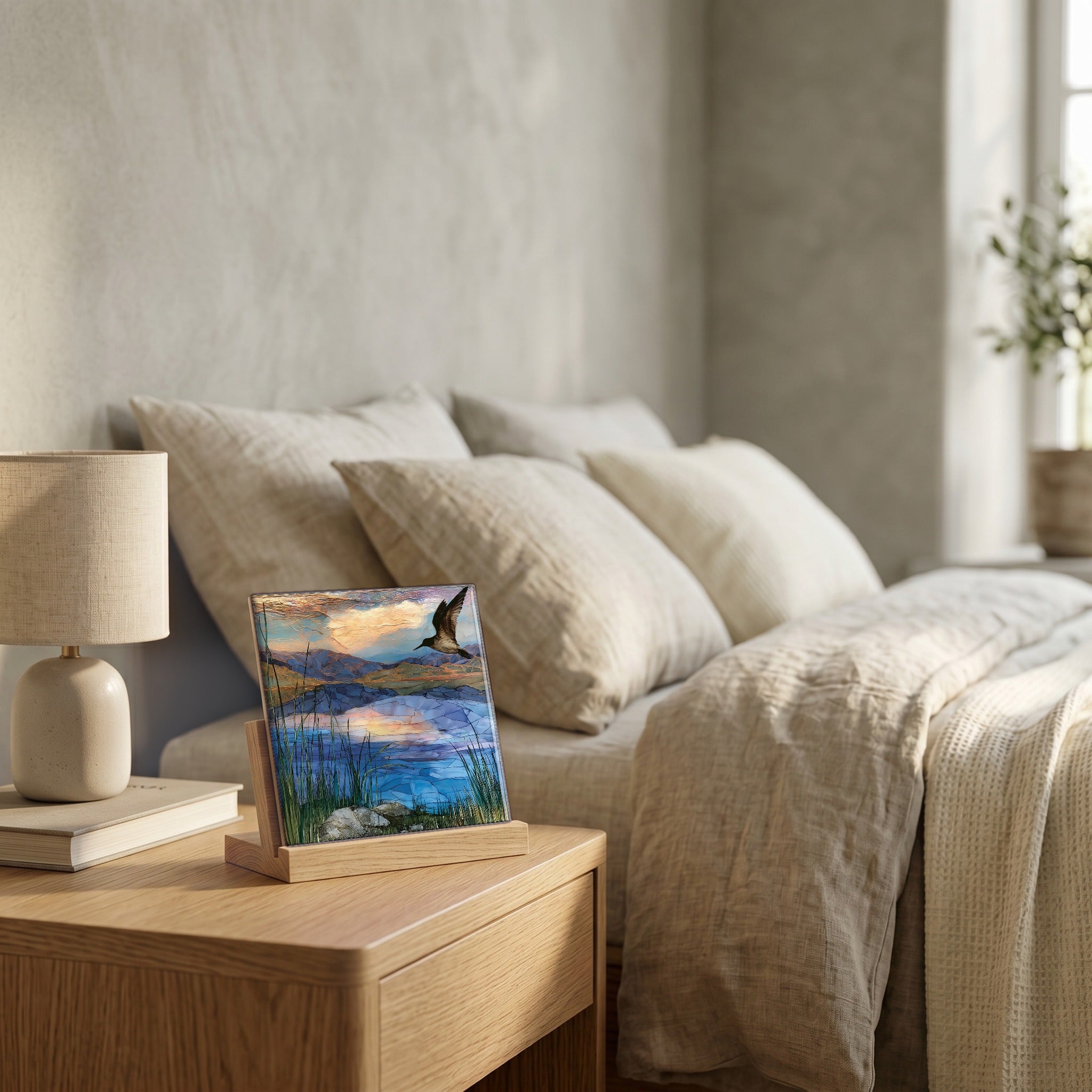 On the nightstand, catching the morning.