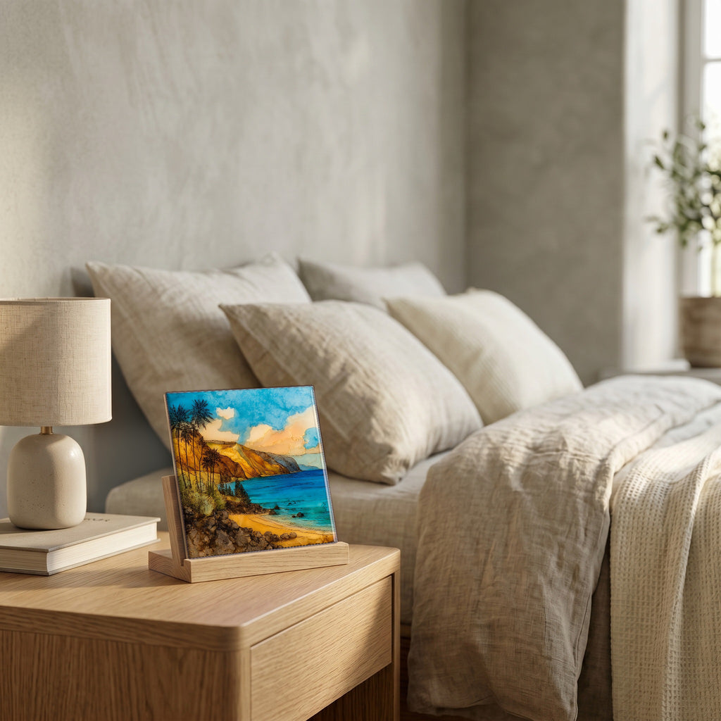 On the nightstand, on a light oak stand.