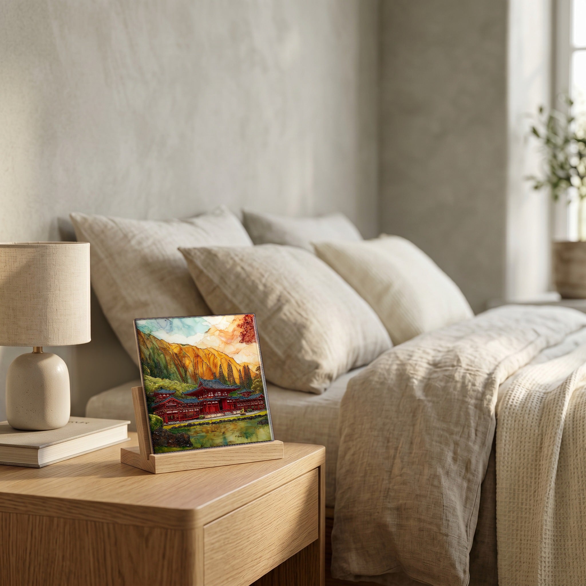 On the nightstand, on a light oak stand.