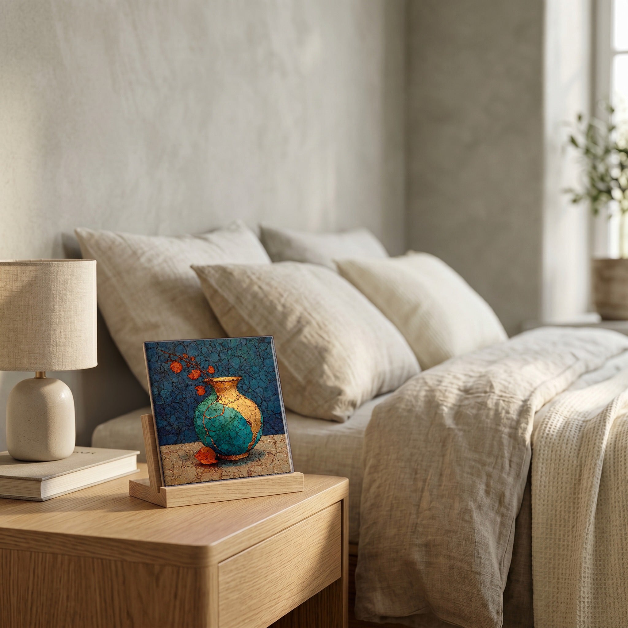 On the nightstand, catching the morning.