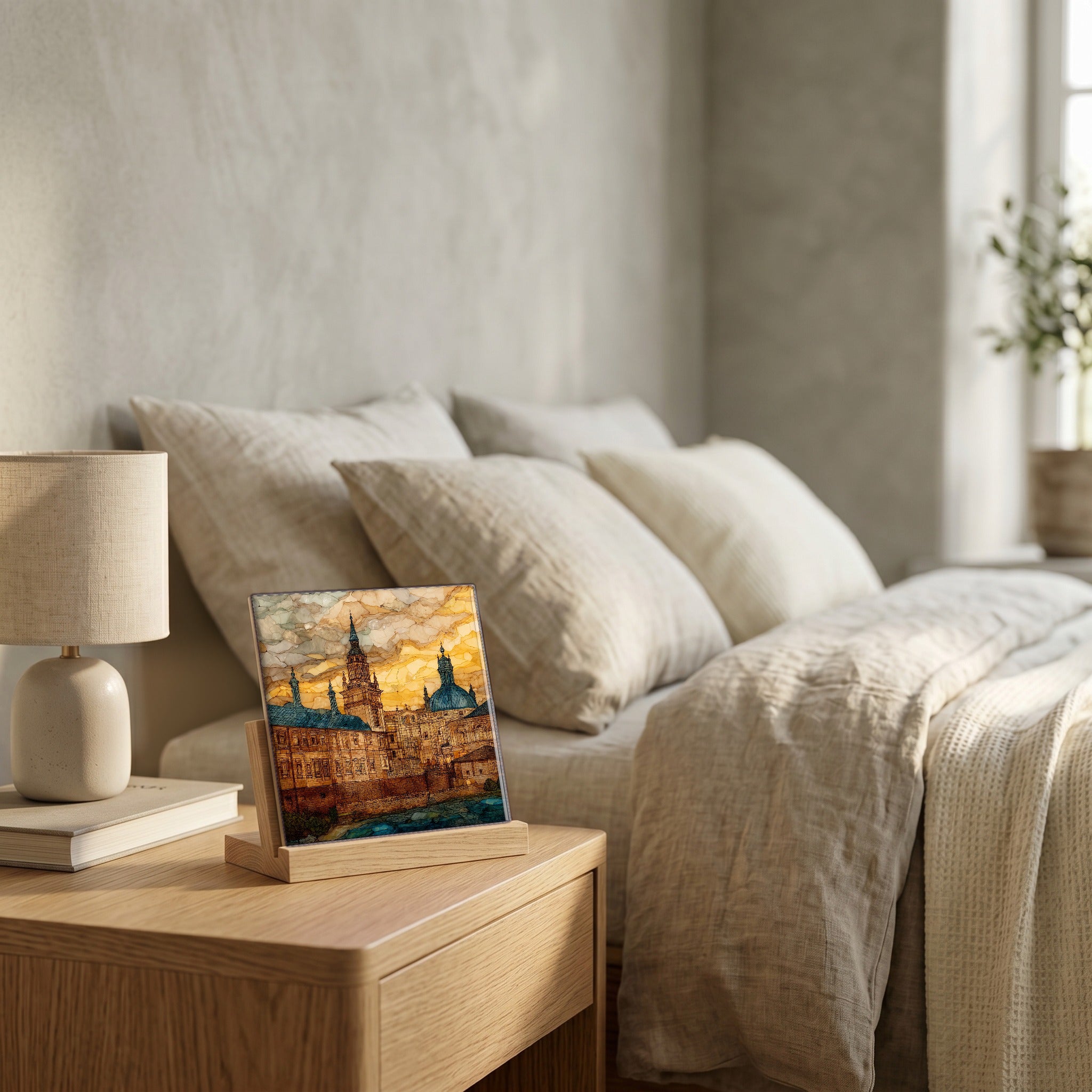 On the nightstand, on a light oak stand.