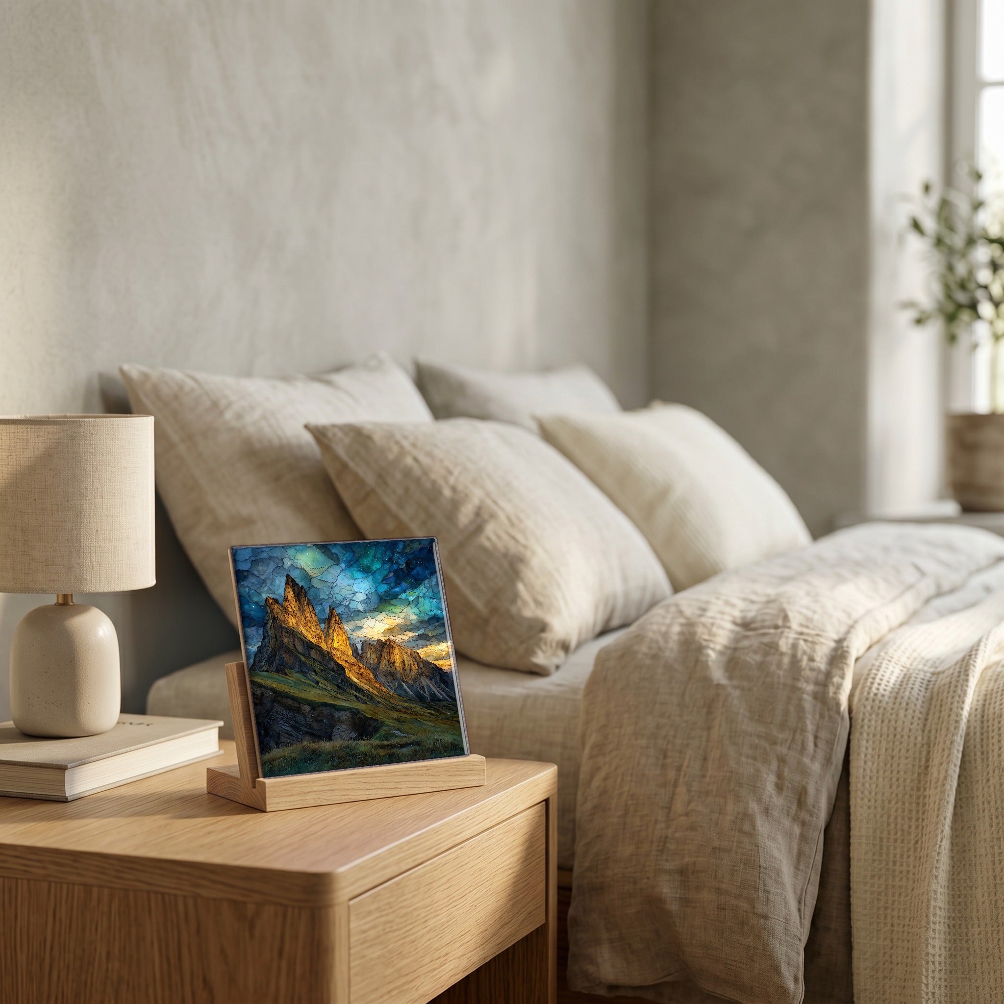 On the nightstand, on a light oak stand.