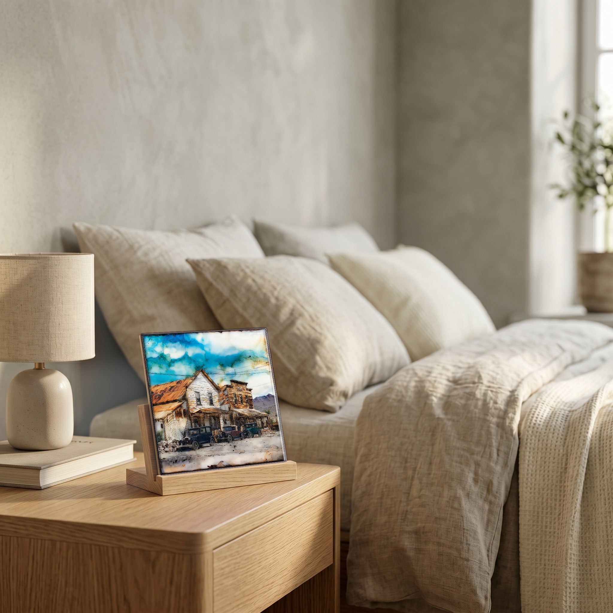 On the nightstand, catching the morning.