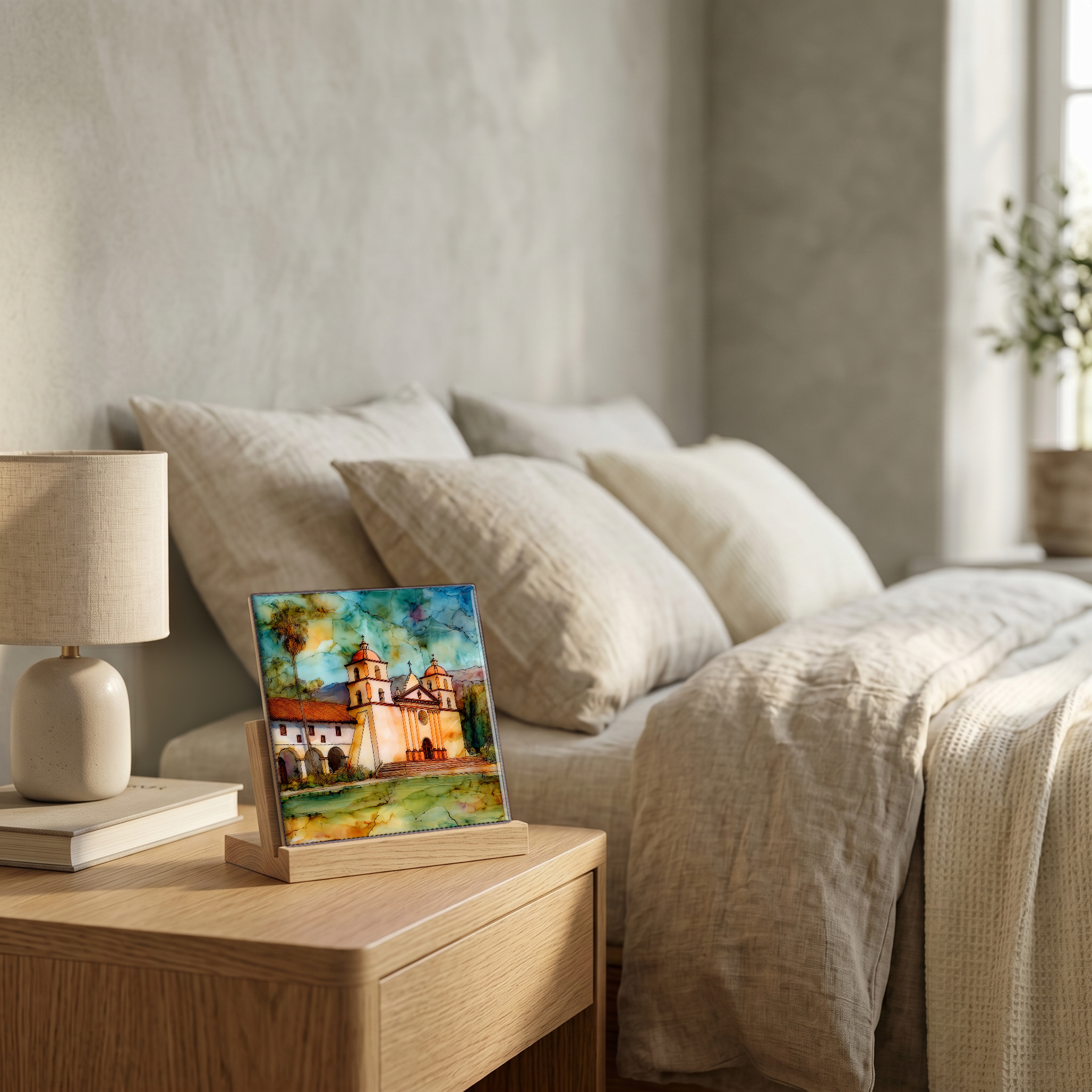 On the nightstand, on a light oak stand.