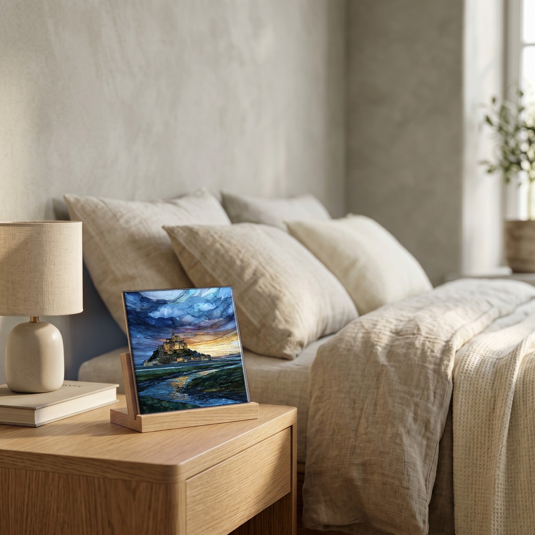 On the nightstand, on a light oak stand.