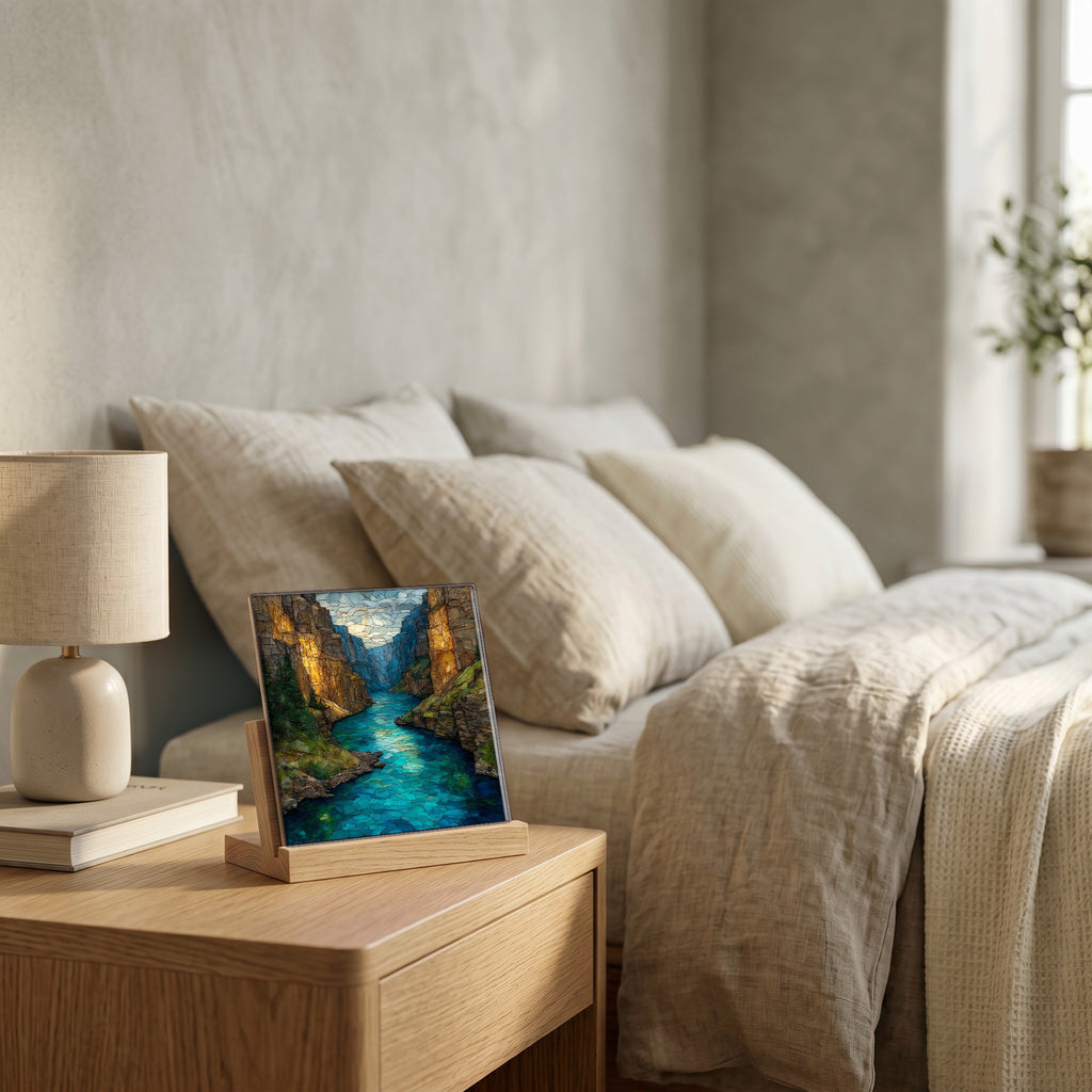 On the nightstand, catching the morning.
