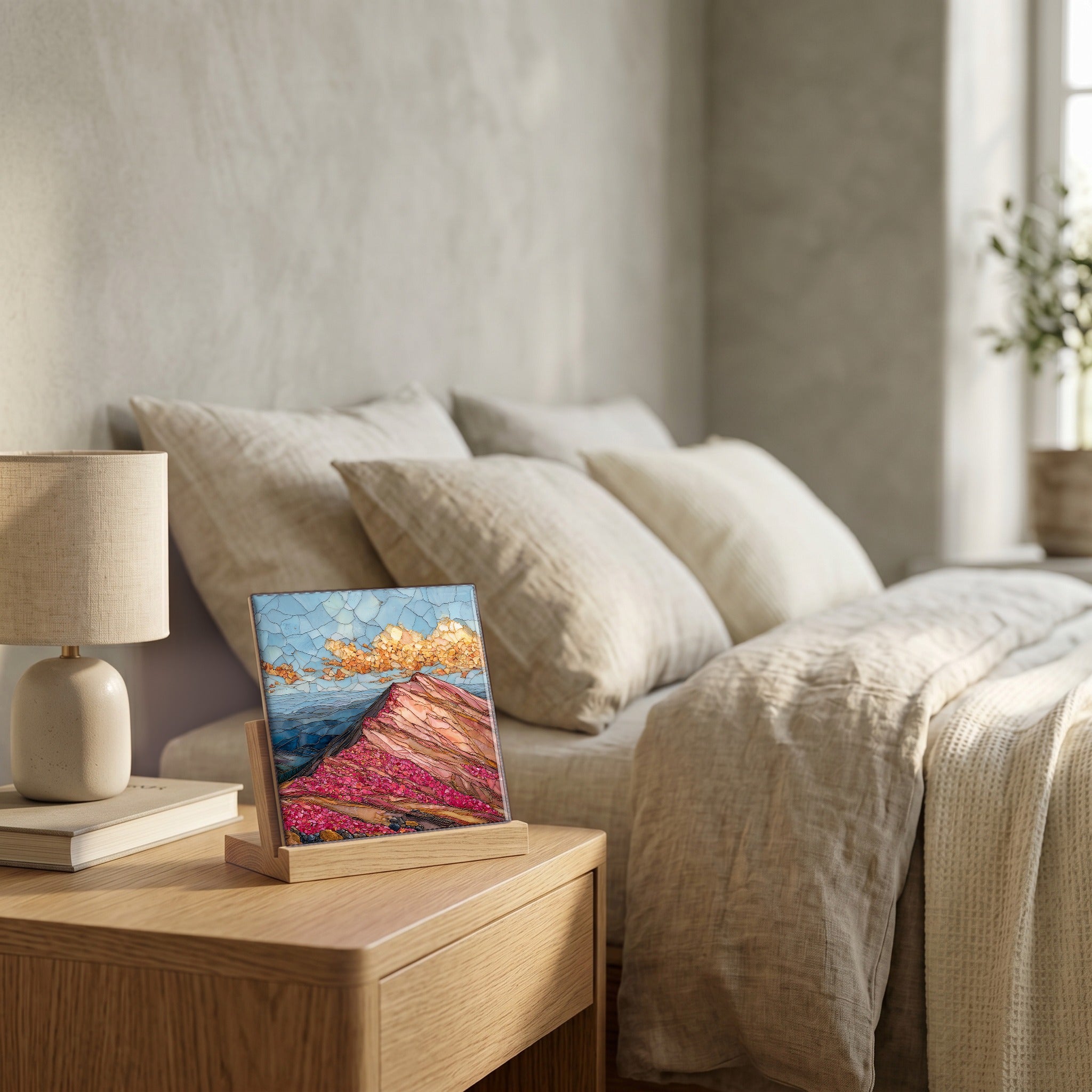 On the nightstand, on a light oak stand.