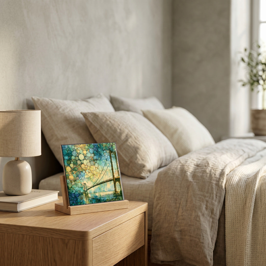 On the nightstand, catching the morning.