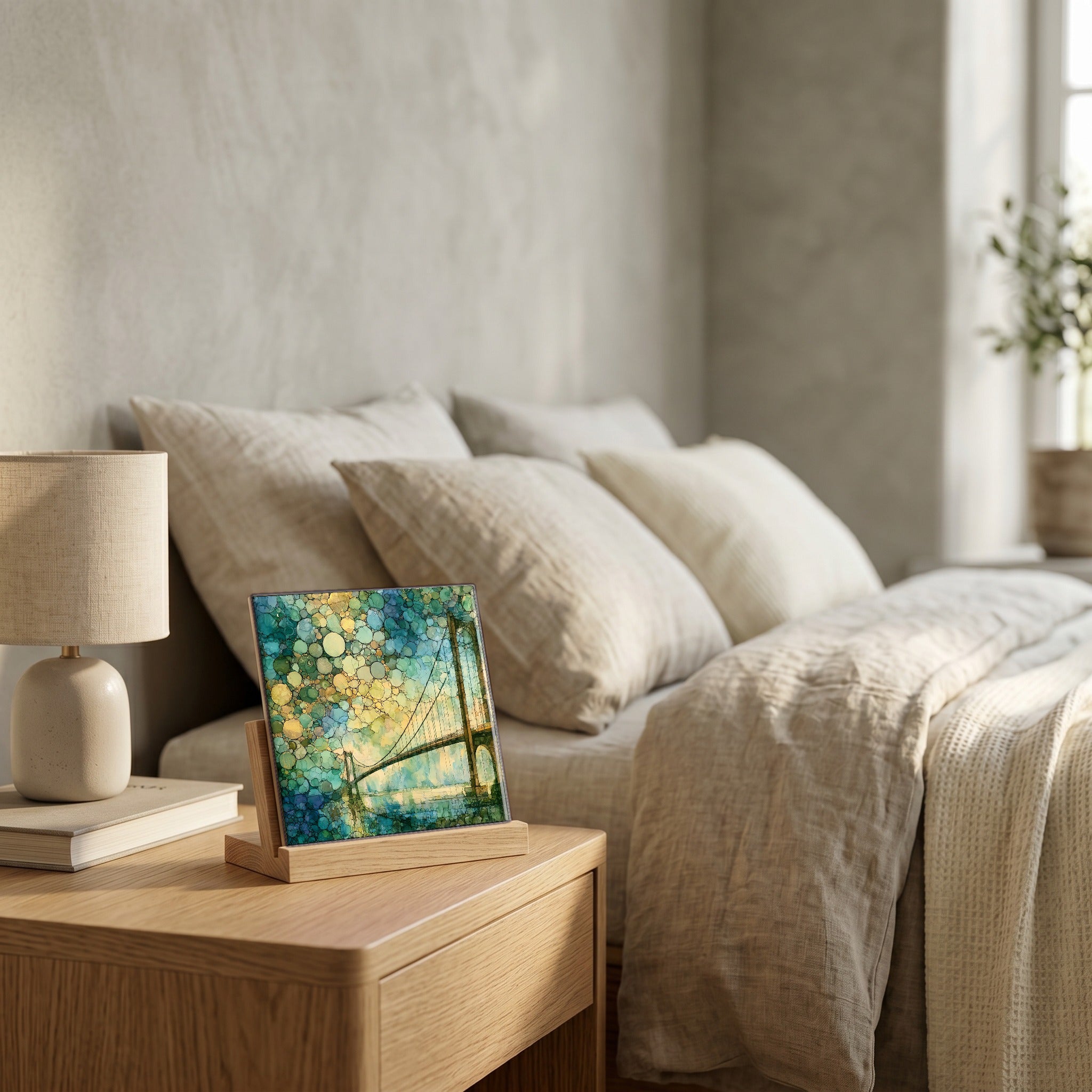 On the nightstand, catching the morning.