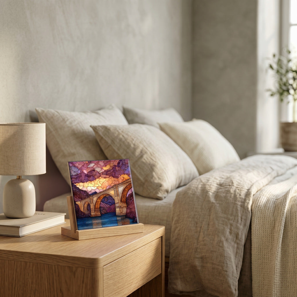 On the nightstand, catching the morning.