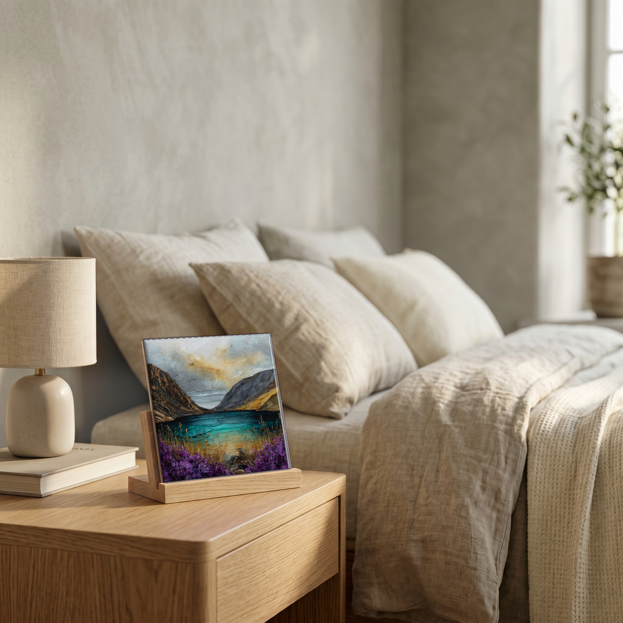 On the nightstand, on a light oak stand.