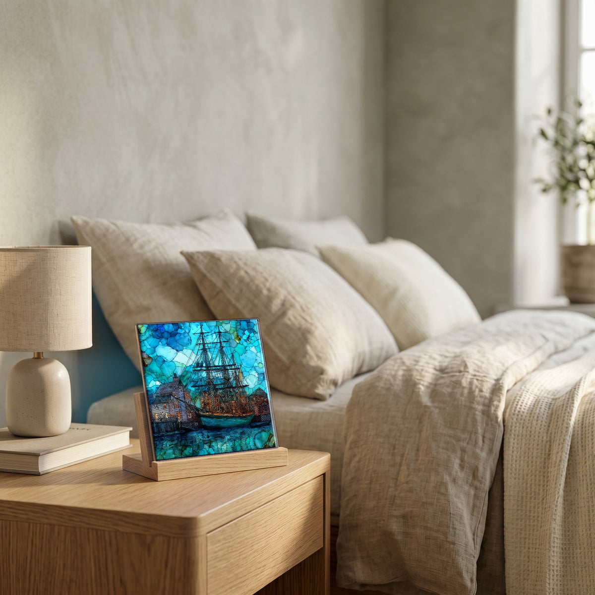 On the nightstand, catching the morning.