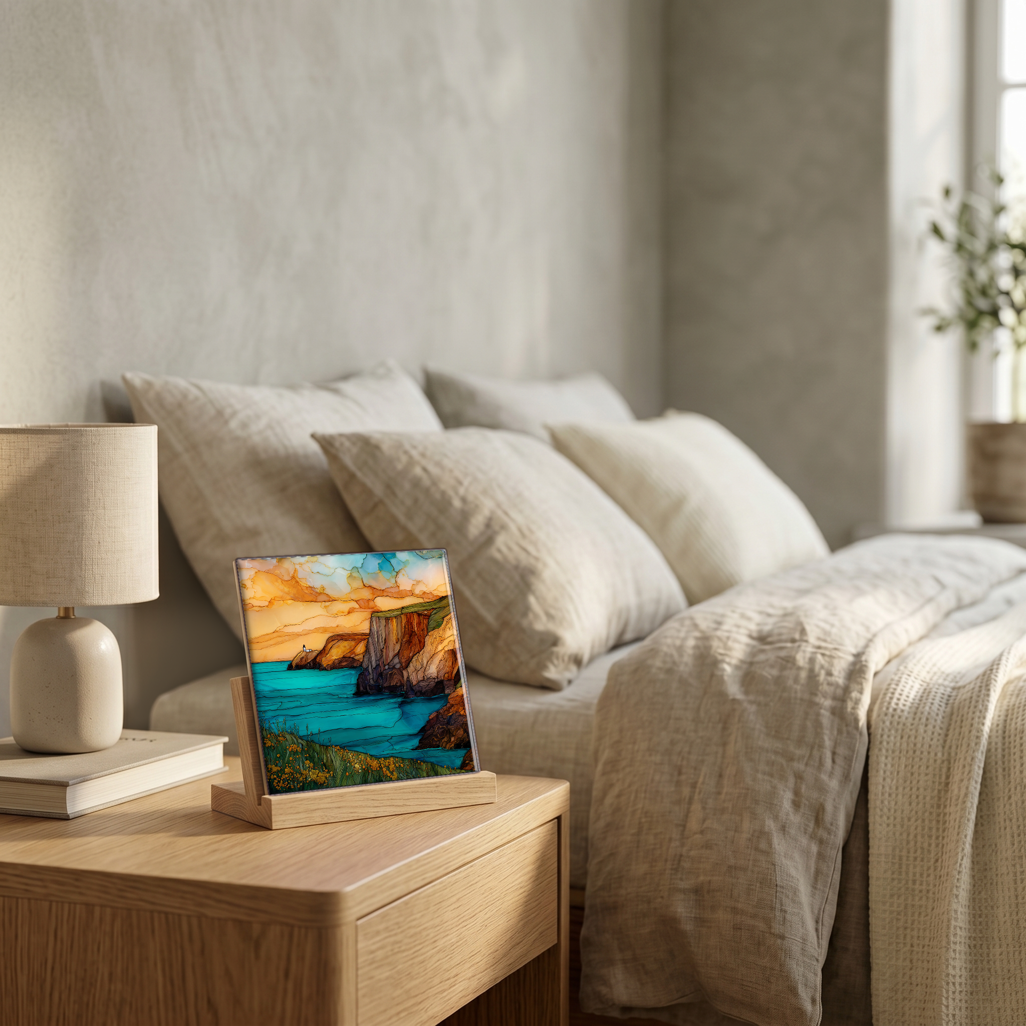 On the nightstand, on a light oak stand.